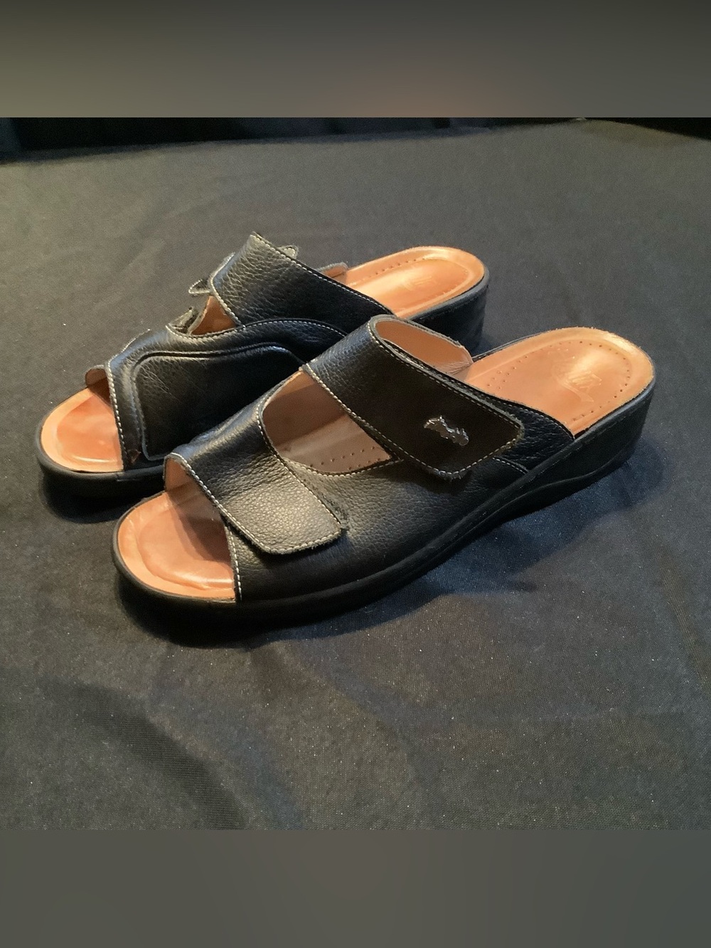 HALIFAX: Black Leather Slide Sandals with Tan Insole